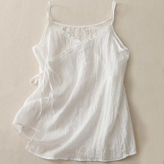 Buddha Stones Vintage Side Lace-up Splicing Lace V-neck Sleeveless Women's Cotton Linen Vest - White - US8-10，UK/AU12-14，EU40-42 (2XL) - image 4
