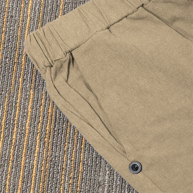 Buddha Stones Casual Pure Color Hollow Button Cuff Design Women's Cotton Linen Pants With Pockets