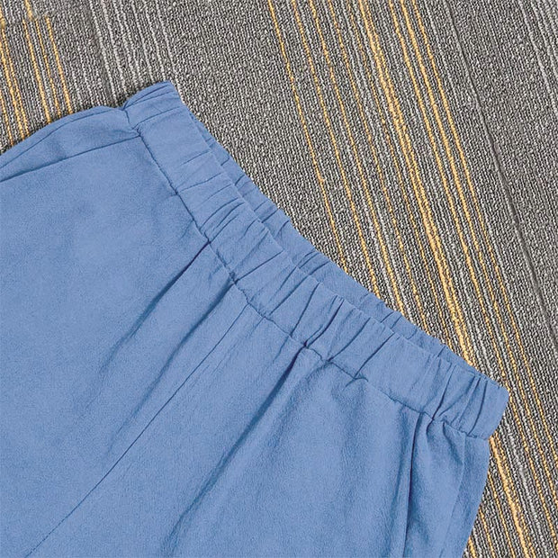 Buddha Stones Casual Pure Color Hollow Button Cuff Design Women's Cotton Linen Pants With Pockets