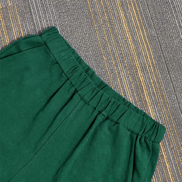 Buddha Stones Casual Pure Color Hollow Button Cuff Design Women's Cotton Linen Pants With Pockets