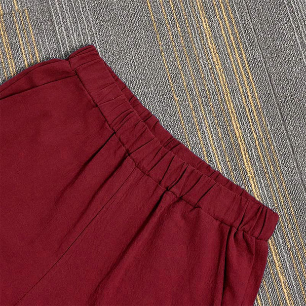Buddha Stones Casual Pure Color Hollow Button Cuff Design Women's Cotton Linen Pants With Pockets