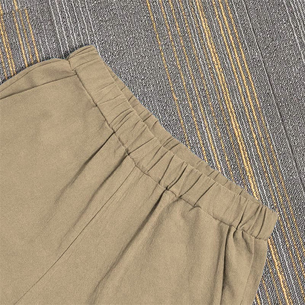 Buddha Stones Casual Pure Color Hollow Button Cuff Design Women's Cotton Linen Pants With Pockets