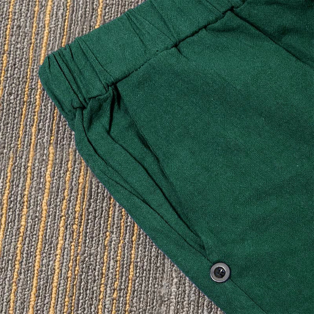 Buddha Stones Casual Pure Color Hollow Button Cuff Design Women's Cotton Linen Pants With Pockets