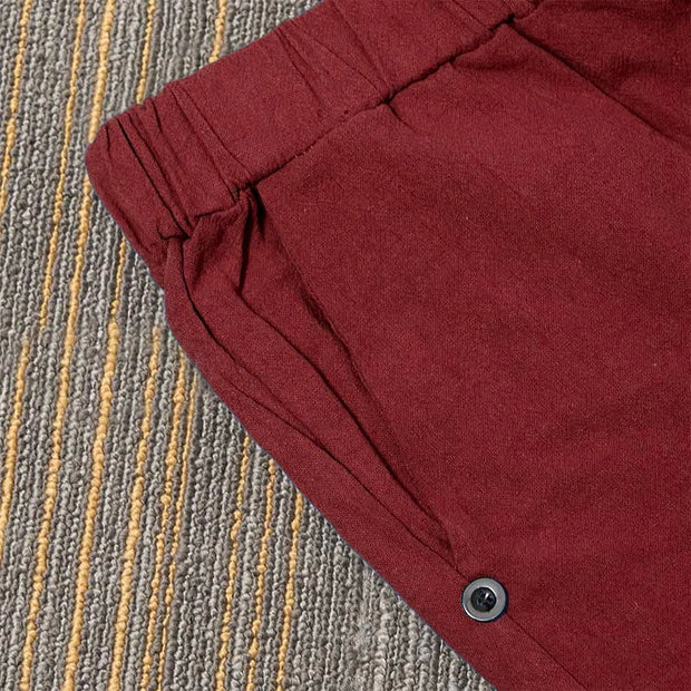 Buddha Stones Casual Pure Color Hollow Button Cuff Design Women's Cotton Linen Pants With Pockets
