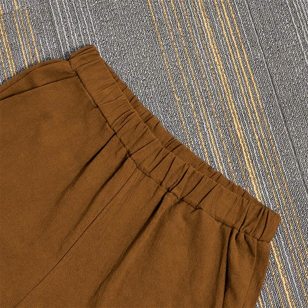 Buddha Stones Casual Pure Color Hollow Button Cuff Design Women's Cotton Linen Pants With Pockets
