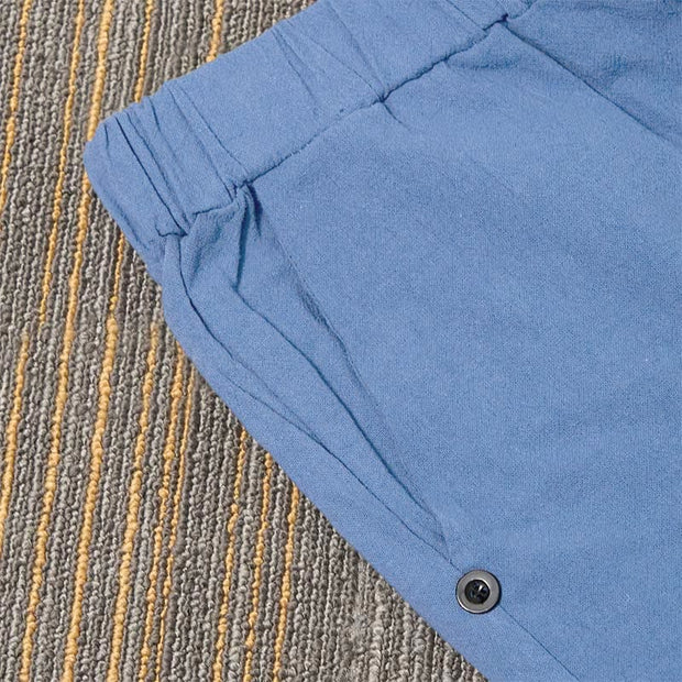 Buddha Stones Casual Pure Color Hollow Button Cuff Design Women's Cotton Linen Pants With Pockets