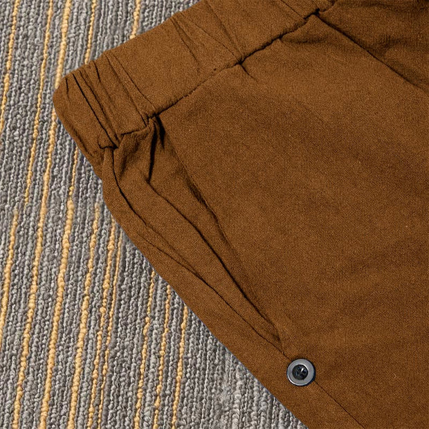 Buddha Stones Casual Pure Color Hollow Button Cuff Design Women's Cotton Linen Pants With Pockets