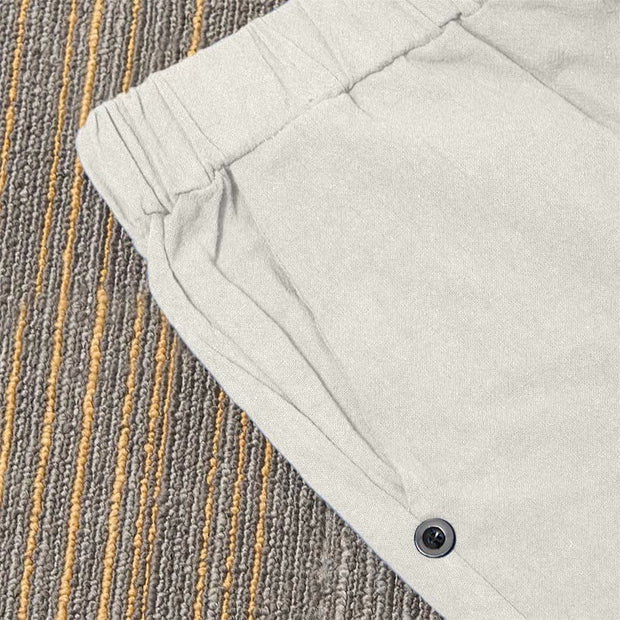 Buddha Stones Casual Pure Color Hollow Button Cuff Design Women's Cotton Linen Pants With Pockets