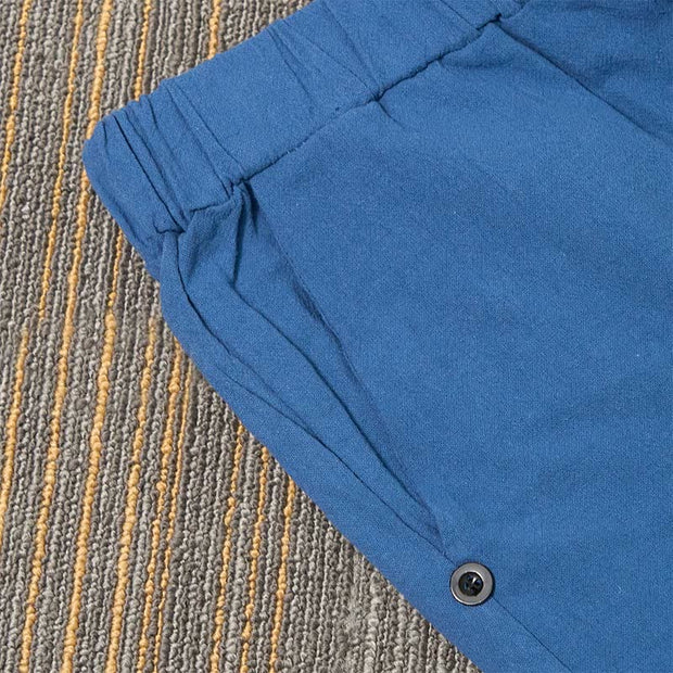Buddha Stones Casual Pure Color Hollow Button Cuff Design Women's Cotton Linen Pants With Pockets