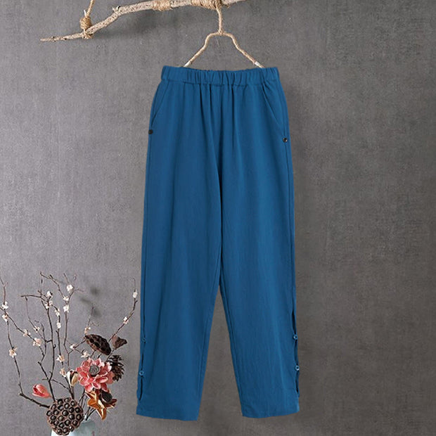 Buddha Stones Casual Pure Color Hollow Button Cuff Design Women's Cotton Linen Pants With Pockets