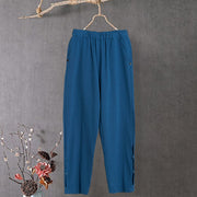 Buddha Stones Casual Pure Color Hollow Button Cuff Design Women's Cotton Linen Pants With Pockets