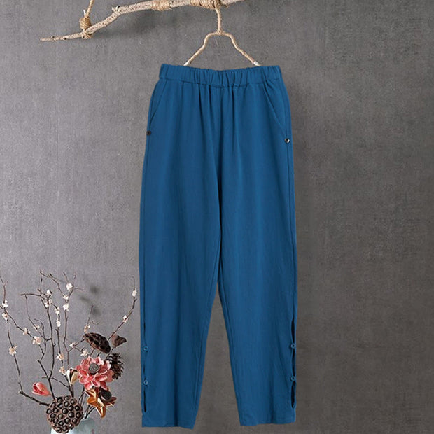 Buddha Stones Casual Pure Color Hollow Button Cuff Design Women's Cotton Linen Pants With Pockets