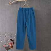 Buddha Stones Casual Pure Color Hollow Button Cuff Design Women's Cotton Linen Pants With Pockets