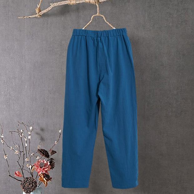 Buddha Stones Casual Pure Color Hollow Button Cuff Design Women's Cotton Linen Pants With Pockets