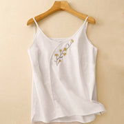Buddha Stones Ethnic Embroidery Asymmetrical Design Women's Cotton Linen Sleeveless Vest