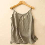 Buddha Stones Ethnic Embroidery Asymmetrical Design Women's Cotton Linen Sleeveless Vest