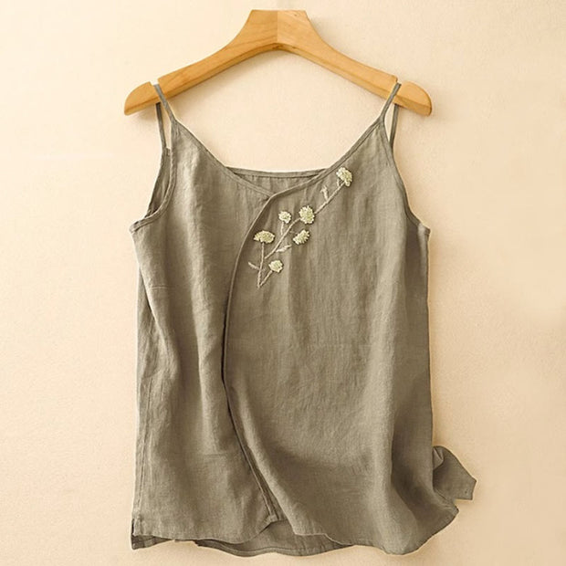 Buddha Stones Ethnic Embroidery Asymmetrical Design Women's Cotton Linen Sleeveless Vest