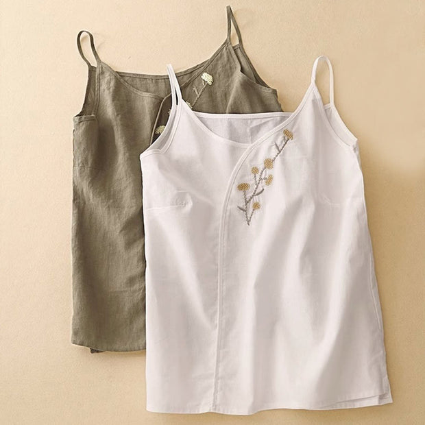Buddha Stones Ethnic Embroidery Asymmetrical Design Women's Cotton Linen Sleeveless Vest