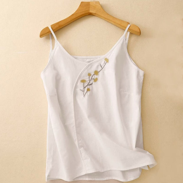 Buddha Stones Ethnic Embroidery Asymmetrical Design Women's Cotton Linen Sleeveless Vest