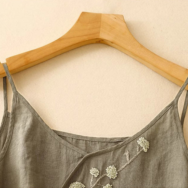 Buddha Stones Ethnic Embroidery Asymmetrical Design Women's Cotton Linen Sleeveless Vest