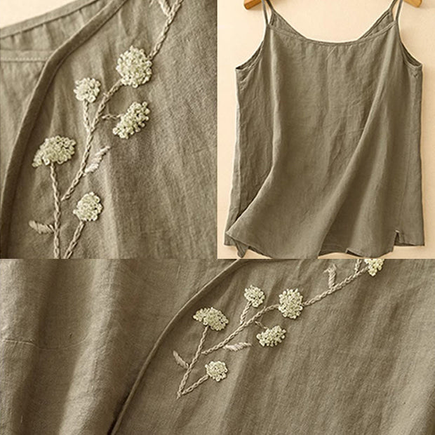 Buddha Stones Ethnic Embroidery Asymmetrical Design Women's Cotton Linen Sleeveless Vest