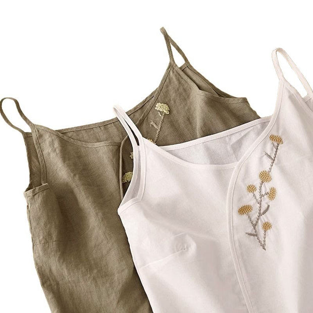 Buddha Stones Ethnic Embroidery Asymmetrical Design Women's Cotton Linen Sleeveless Vest