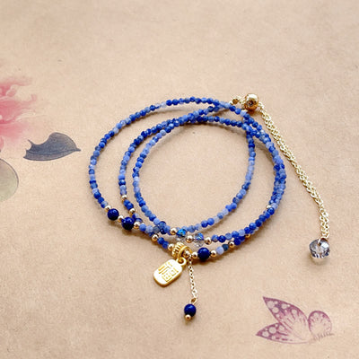 Buddha Stones 3mm Ultra-thin Beads Natural Lazurite Triple Wrap Fu Character Positive Bracelet