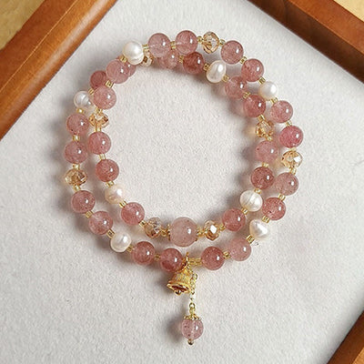 Buddha Stones Natural Strawberry Quartz Pearl Bell Healing Double Wrap Bracelet
