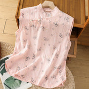 Buddha Stones Retro Printing Floral Plant Pattern Chinese Frog-Button Design Women's Cotton Sleeveless Vest