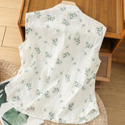 Buddha Stones Retro Printing Floral Plant Pattern Chinese Frog-Button Design Women's Cotton Sleeveless Vest