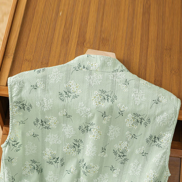 Buddha Stones Retro Printing Floral Plant Pattern Chinese Frog-Button Design Women's Cotton Sleeveless Vest