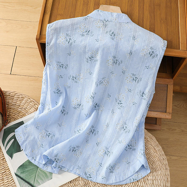 Buddha Stones Retro Printing Floral Plant Pattern Chinese Frog-Button Design Women's Cotton Sleeveless Vest