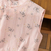 Buddha Stones Retro Printing Floral Plant Pattern Chinese Frog-Button Design Women's Cotton Sleeveless Vest