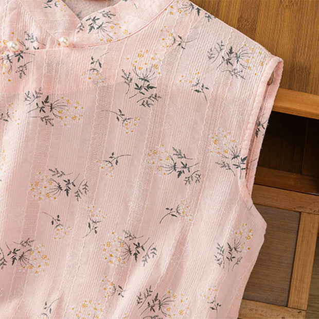 Buddha Stones Retro Printing Floral Plant Pattern Chinese Frog-Button Design Women's Cotton Sleeveless Vest