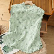 Buddha Stones Retro Printing Floral Plant Pattern Chinese Frog-Button Design Women's Cotton Sleeveless Vest