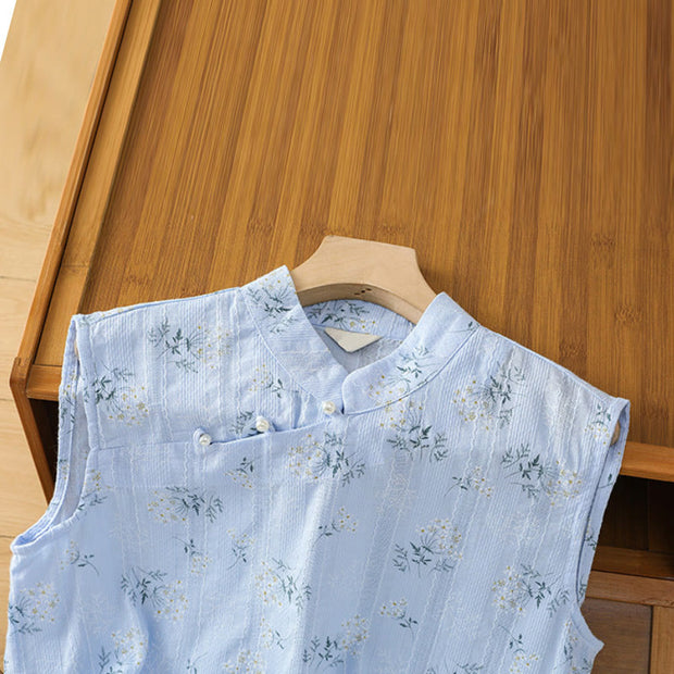 Buddha Stones Retro Printing Floral Plant Pattern Chinese Frog-Button Design Women's Cotton Sleeveless Vest
