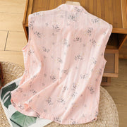 Buddha Stones Retro Printing Floral Plant Pattern Chinese Frog-Button Design Women's Cotton Sleeveless Vest