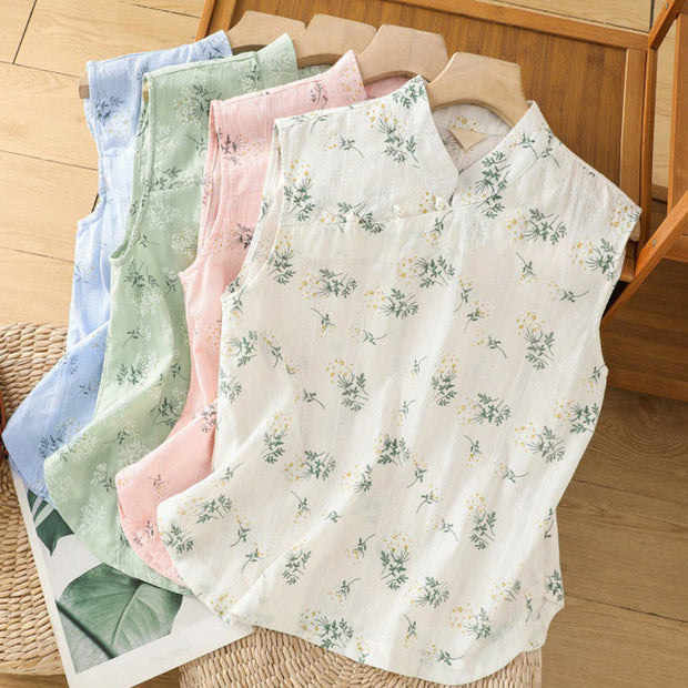 Buddha Stones Retro Printing Floral Plant Pattern Chinese Frog-Button Design Women's Cotton Sleeveless Vest