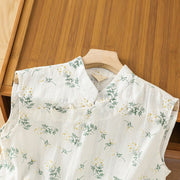 Buddha Stones Retro Printing Floral Plant Pattern Chinese Frog-Button Design Women's Cotton Sleeveless Vest