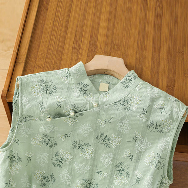 Buddha Stones Retro Printing Floral Plant Pattern Chinese Frog-Button Design Women's Cotton Sleeveless Vest