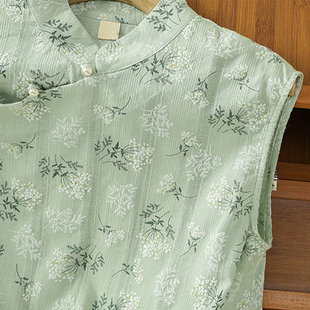 Buddha Stones Retro Printing Floral Plant Pattern Chinese Frog-Button Design Women's Cotton Sleeveless Vest