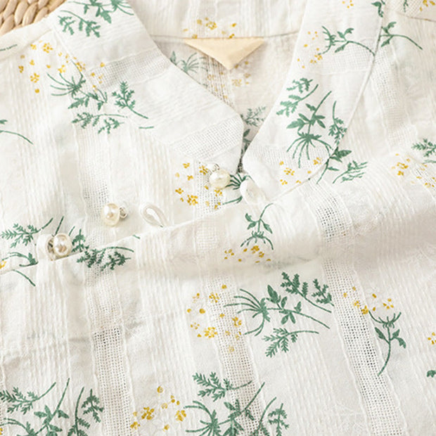 Buddha Stones Retro Printing Floral Plant Pattern Chinese Frog-Button Design Women's Cotton Sleeveless Vest