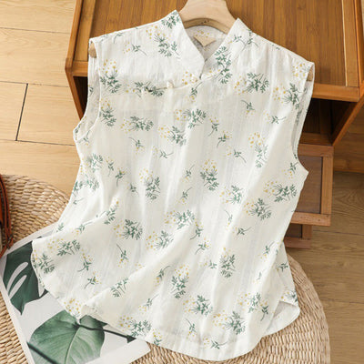 Buddha Stones Retro Printing Floral Plant Pattern Chinese Frog-Button Design Women's Cotton Sleeveless Vest