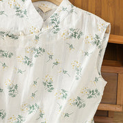 Buddha Stones Retro Printing Floral Plant Pattern Chinese Frog-Button Design Women's Cotton Sleeveless Vest