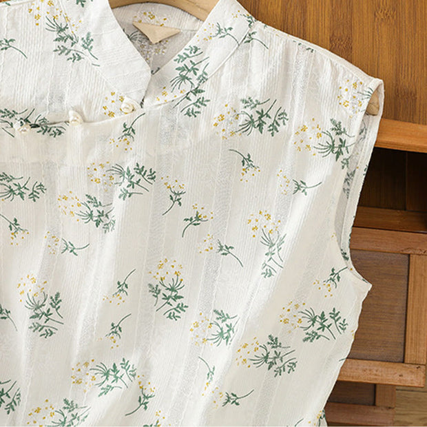 Buddha Stones Retro Printing Floral Plant Pattern Chinese Frog-Button Design Women's Cotton Sleeveless Vest