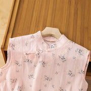 Buddha Stones Retro Printing Floral Plant Pattern Chinese Frog-Button Design Women's Cotton Sleeveless Vest
