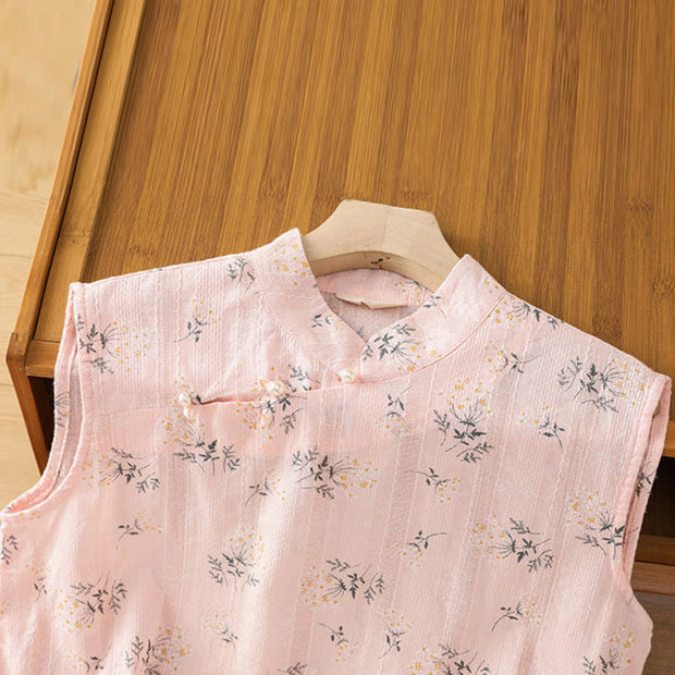 Buddha Stones Retro Printing Floral Plant Pattern Chinese Frog-Button Design Women's Cotton Sleeveless Vest