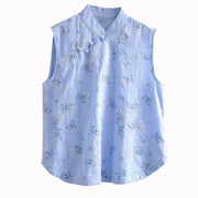 Buddha Stones Retro Printing Floral Plant Pattern Chinese Frog-Button Design Women's Cotton Sleeveless Vest