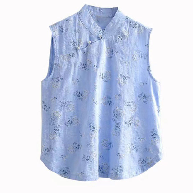 Buddha Stones Retro Printing Floral Plant Pattern Chinese Frog-Button Design Women's Cotton Sleeveless Vest