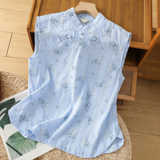 Buddha Stones Retro Printing Floral Plant Pattern Chinese Frog-Button Design Women's Cotton Sleeveless Vest